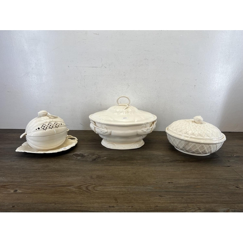 493 - Three Hartley Greens & Co. Leeds pottery creamware tureens - largest approx. 20cm high x 32cm wide x... 