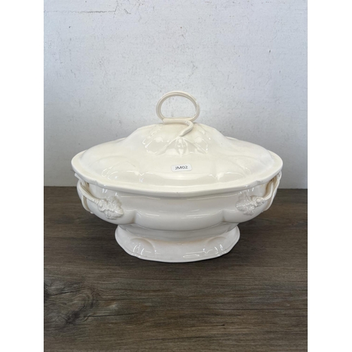 493 - Three Hartley Greens & Co. Leeds pottery creamware tureens - largest approx. 20cm high x 32cm wide x... 