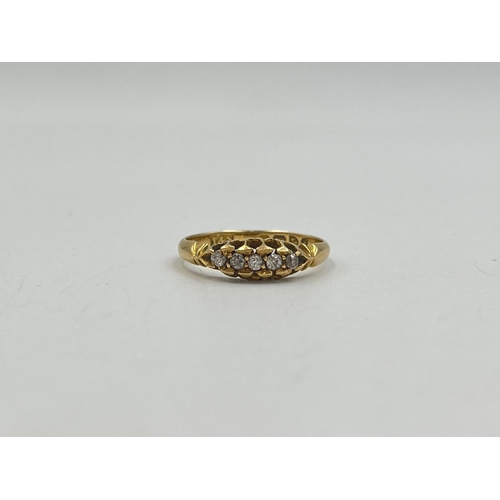 2007 - A boxed Edwardian hallmarked Chester 18ct gold diamond five stone ring, dated 1903 and size K - appr... 