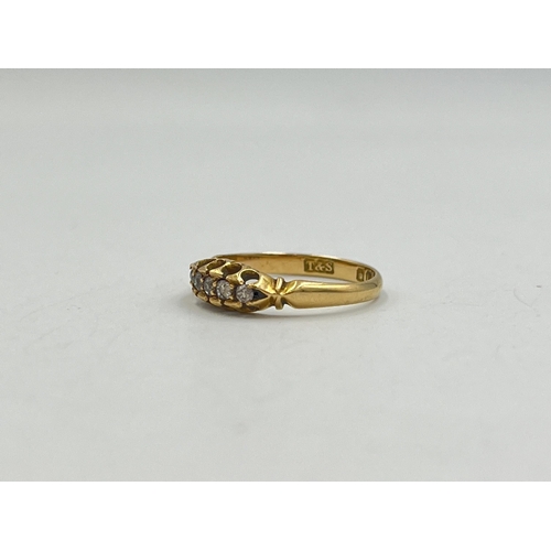 2007 - A boxed Edwardian hallmarked Chester 18ct gold diamond five stone ring, dated 1903 and size K - appr... 