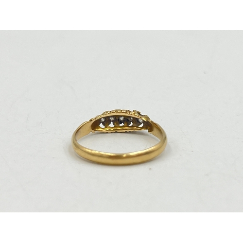 2007 - A boxed Edwardian hallmarked Chester 18ct gold diamond five stone ring, dated 1903 and size K - appr... 