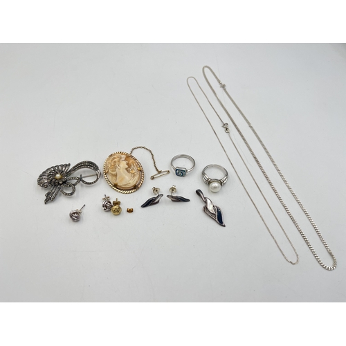 2009 - A collection of .925 silver jewellery to include marcasite and cultured pearl brooch, opal set Greek... 