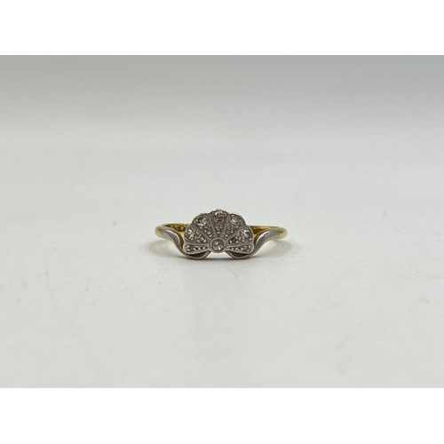 2011 - An Art Deco A.W.C. & S Ltd 18ct gold and platinum diamond fan shaped ring, size O - approx. gross we... 