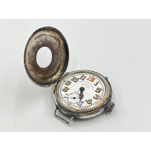 2014 - A WWI Anglo Swiss Watch Co. Cavalry Calcutta .935 silver cased hand wind half hunter trench watch, i... 