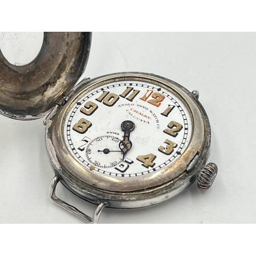 2014 - A WWI Anglo Swiss Watch Co. Cavalry Calcutta .935 silver cased hand wind half hunter trench watch, i... 