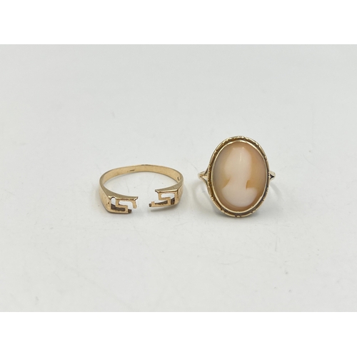 2015 - Two gold rings, one stamped 14k - approx. gross weight 1.7g and one 9ct carved shell cameo - approx.... 