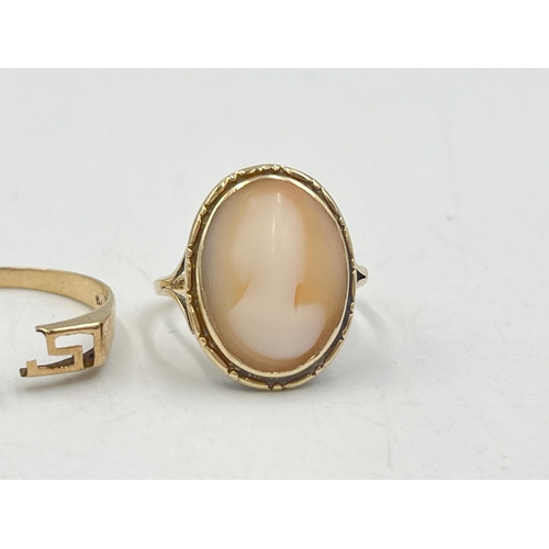 2015 - Two gold rings, one stamped 14k - approx. gross weight 1.7g and one 9ct carved shell cameo - approx.... 