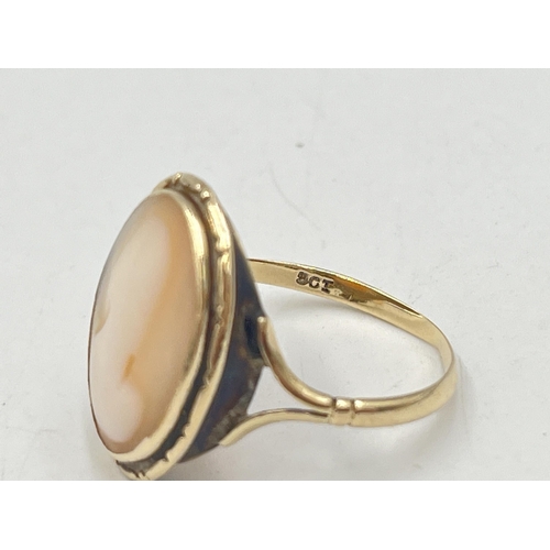 2015 - Two gold rings, one stamped 14k - approx. gross weight 1.7g and one 9ct carved shell cameo - approx.... 