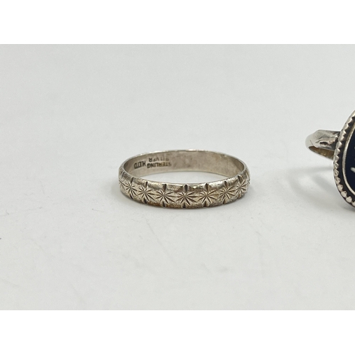 2017 - Three pieces of sterling silver jewellery, one Wedgwood black Jasperware ring, one H. Ltd ring and o... 