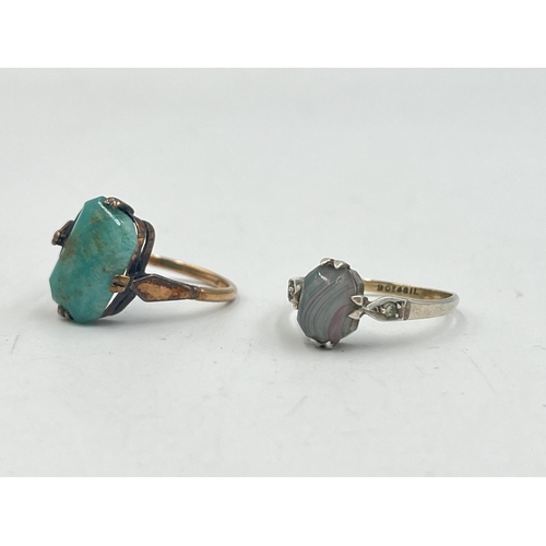 2023 - Two solitaire rings, one 9ct turquoise and one 9ct & silver - approx. gross weight 4.3g