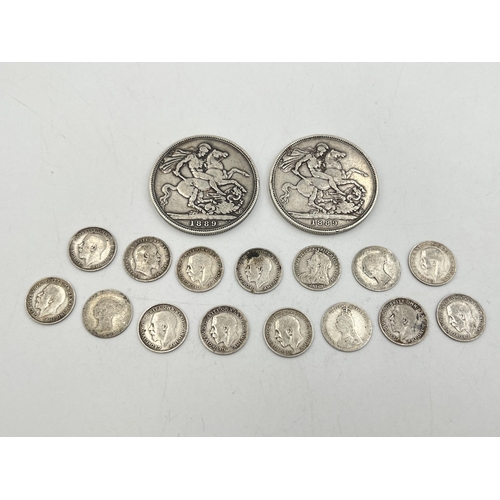 2069 - A collection of 92.5% silver British coins to include two 1889 crowns etc. - approx. gross weight 75... 