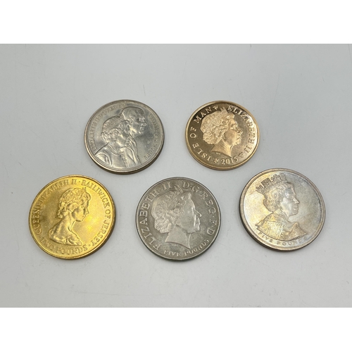 2070 - Five commemorative coins, 1997, 2002 and 2005 five pounds, 2015 Isle of Man five pounds and 1981 Jer... 