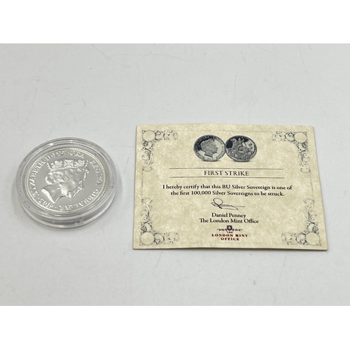 2073 - A 2019 .9999 silver brilliant uncirculated sovereign with certificate of authenticity