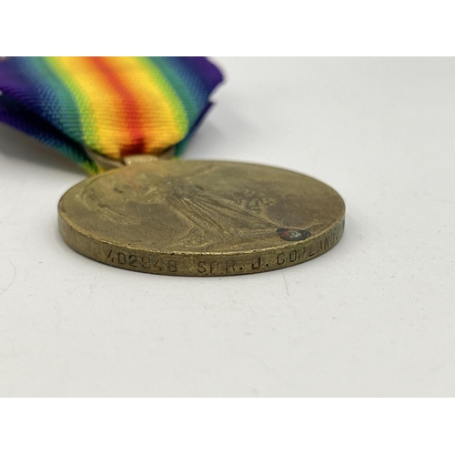 2113 - Two WWI British Victory medals, one presented to 402918 Spr. J. Copland R.E. and one presented to Gn... 