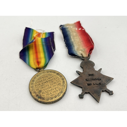 2114 - A WWI British medal pair presented to Pte. H. J. Dowdall 2nd I.L.H.