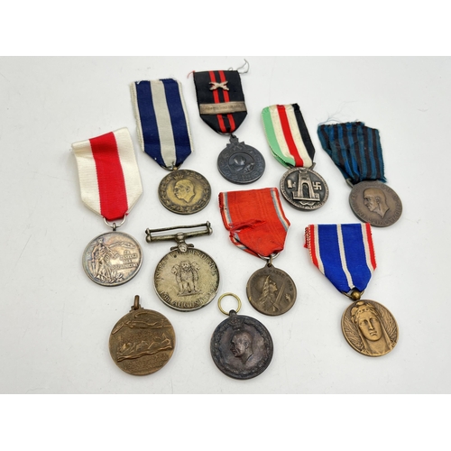 2124 - Ten various medals to include Indian Independence 1947, Polish Voluntary Fire Brigade, Greek 1940-19... 