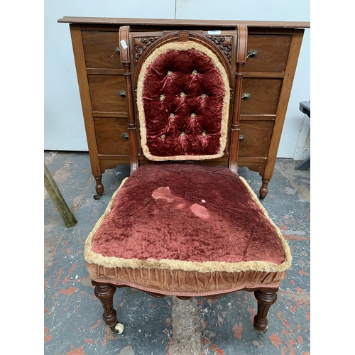 171 - Two pieces of antique furniture, one Victorian walnut and upholstered prayer chair and one Edwardian... 