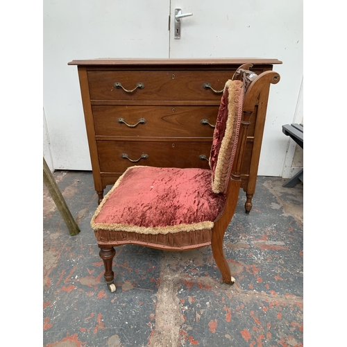 171 - Two pieces of antique furniture, one Victorian walnut and upholstered prayer chair and one Edwardian... 