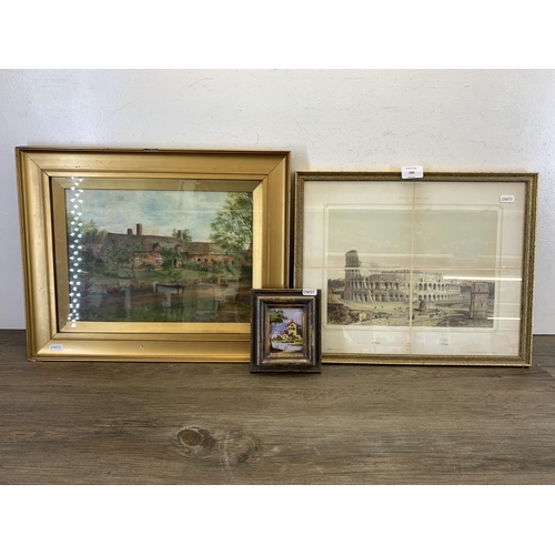 336 - Three framed pictures, one Italian miniature oil painting signed lower left - approx. 15cm high x 13... 