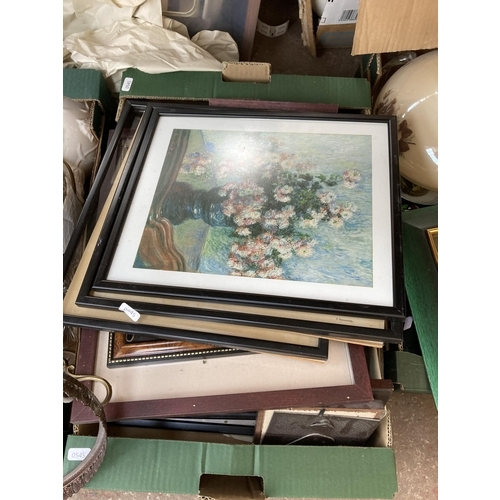 1111 - Four boxes containing Midwinter porcelain plates, glassware, framed pictures etc.