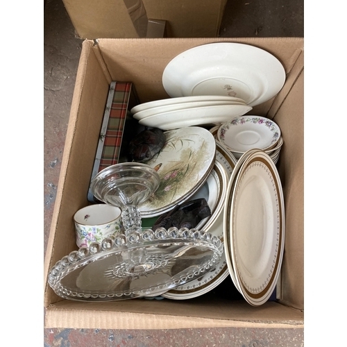 1111 - Four boxes containing Midwinter porcelain plates, glassware, framed pictures etc.