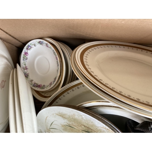 1111 - Four boxes containing Midwinter porcelain plates, glassware, framed pictures etc.