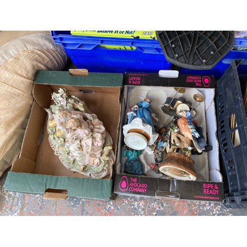 1112 - Three boxes containing Capodimonte style ceramic figurine, resin jazz figurines, framed pictures etc... 