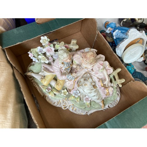 1112 - Three boxes containing Capodimonte style ceramic figurine, resin jazz figurines, framed pictures etc... 