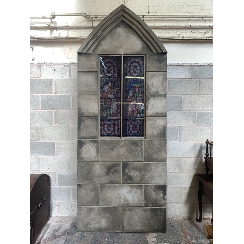 7 - A painted wooden church window theatre prop - approx. 304cm high x 122cm wide