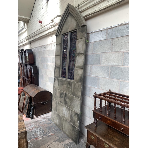 7 - A painted wooden church window theatre prop - approx. 304cm high x 122cm wide