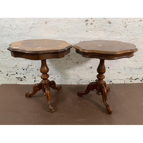 54 - Two Italian style inlaid walnut effect serpentine tripod side tables - approx. 60cm high x 54cm diam... 