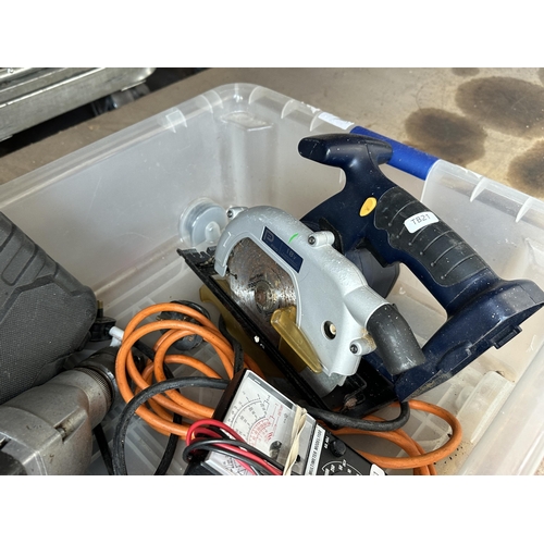 1044 - A box containing power tools to include two rotary hammer drills, one Black & Decker and one 650w; P... 