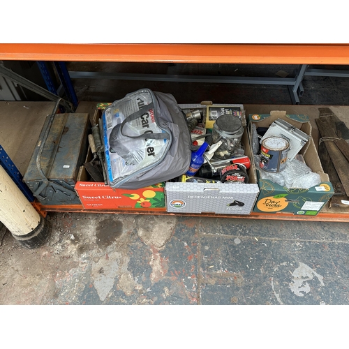 1058 - Three boxes and one concertina tool box containing grease guns, diesel engine flush, hose clamps, Te... 