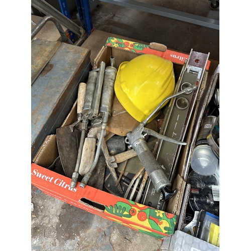 1058 - Three boxes and one concertina tool box containing grease guns, diesel engine flush, hose clamps, Te... 