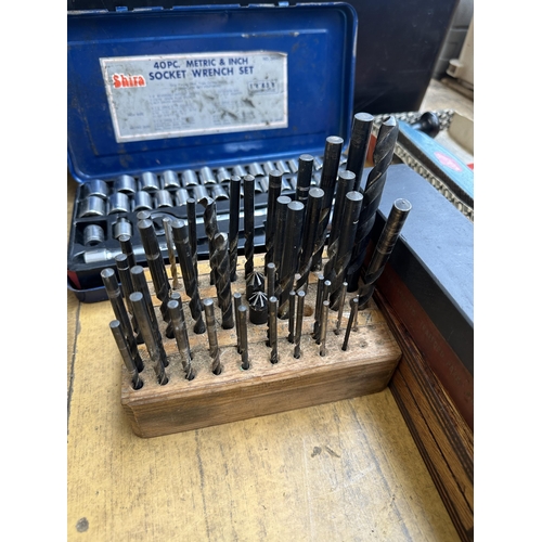 1063 - A box containing vintage Preston drill bits, Surform metal body plane, vintage boxed Stanley no.50 c... 