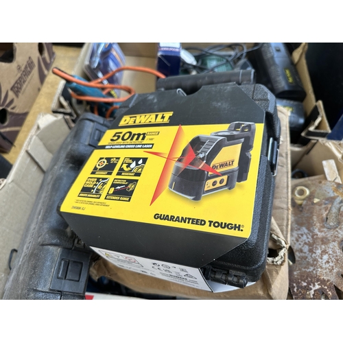 1064 - Two boxes containing WorkZone stud detector, metal wall decorations, Black & Decker drill, DeWalt DW... 