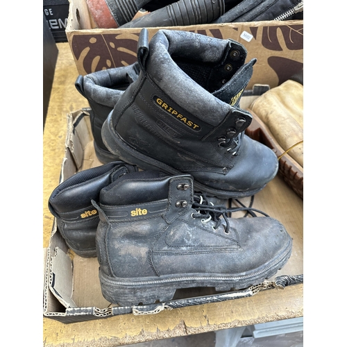 1065 - Two boxes containing three pairs of steel toe capped work boots and three pairs of Wellington boots ... 