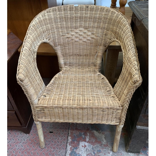 110 - Four pieces of furniture, one wicker armchair, one Edwardian style stained beech towel rail, one uph... 