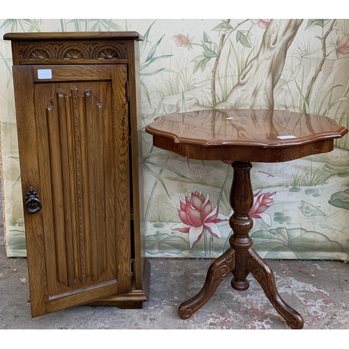 114 - Two pieces of furniture, one carved oak CD cabinet - approx. 80cm high x 35cm wide x 21cm deep and o... 