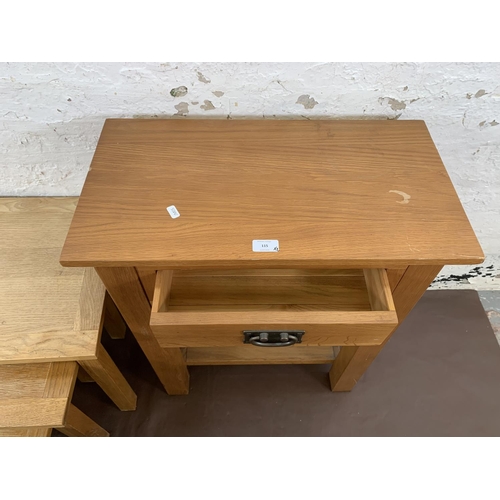 115 - Four pieces of modern light oak furniture, one side table with lower shelf and one drawer - approx. ... 