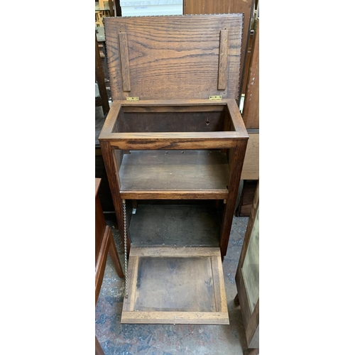 137 - Two pieces of furniture, vintage oak two section stick stand and 1920s oak cabinet with beaded edge ... 