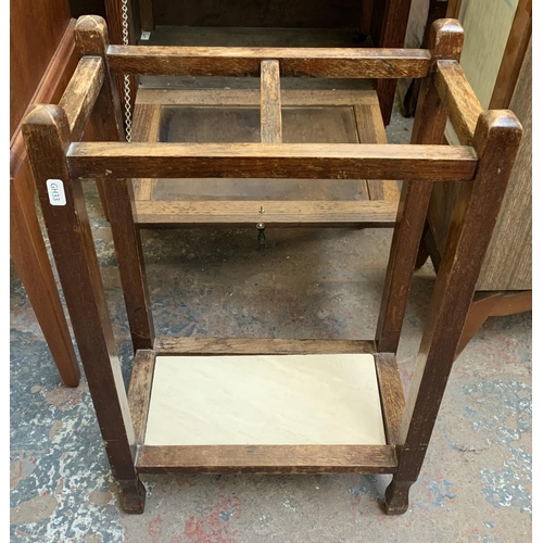 137 - Two pieces of furniture, vintage oak two section stick stand and 1920s oak cabinet with beaded edge ... 