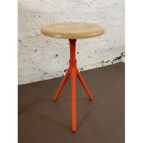 24 - Three stools, vintage bentwood barstool - approx. 72cm high, carved elm milking stool - approx. 35cm... 