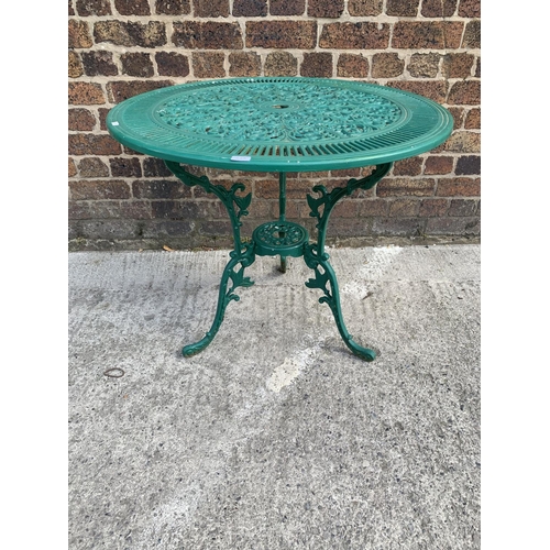 43A - A Victorian style green painted cast aluminium patio table - approx. 69cm high x 80cm in diameter