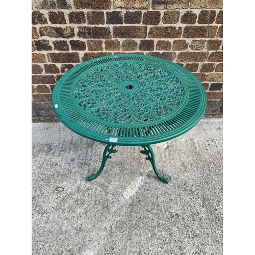 43A - A Victorian style green painted cast aluminium patio table - approx. 69cm high x 80cm in diameter