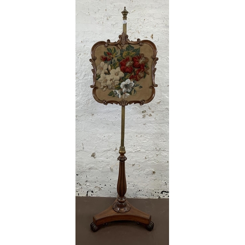 50 - A 19th century Regency period Gillows style mahogany and brass pole screen with floral needlepoint e... 