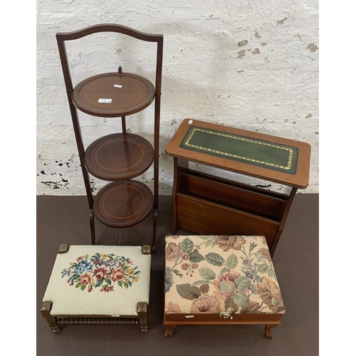 52 - Four pieces of furniture, two foot stools, one Edwardian inlaid mahogany three tier folding cake sta... 