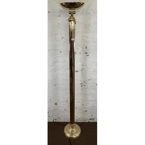 53 - A vintage brass effect uplighter - approx. 185cm high