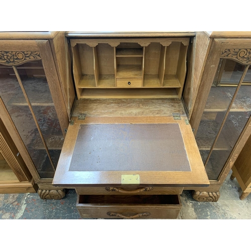 61 - An early/mid 20th century oak bureau display cabinet - approx. 110cm high x 120cm wide x 34cm deep