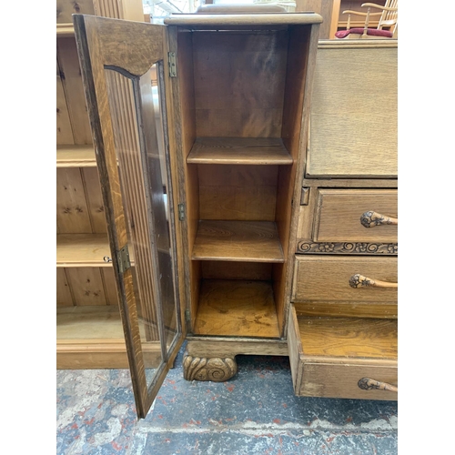 61 - An early/mid 20th century oak bureau display cabinet - approx. 110cm high x 120cm wide x 34cm deep